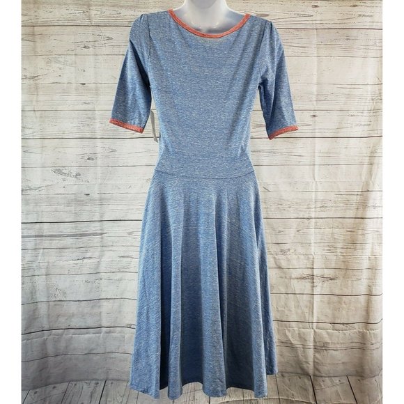 LuLaRoe Womens Nicole Dress Sz Small Heathered Blue Red Trim - Picture 3 of 4